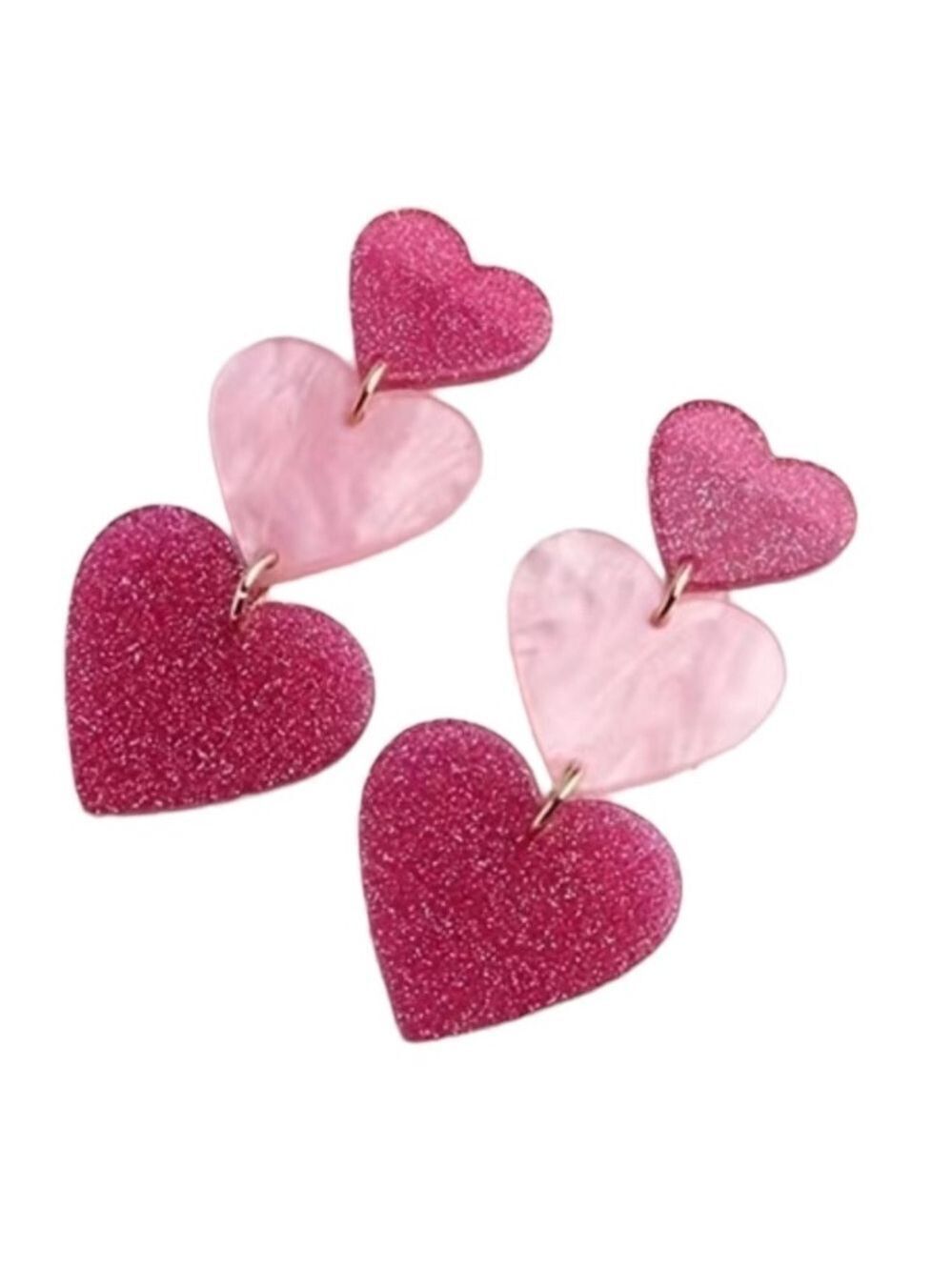 Pink Sparkle Geometric Heart Shape Dangle Pierced Earrings - Picture 3 of 4